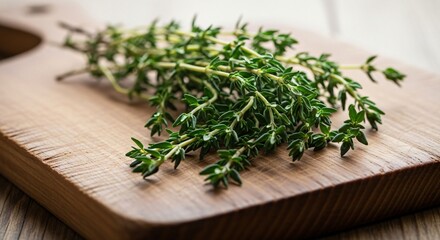 Fresh Thyme Laying Across Cutting Board, Creating Perfect Herbal Contrast to Natural Wood Grain