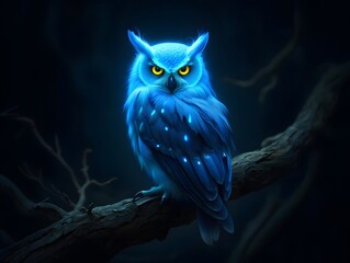 Obraz premium Stunning blue owl perched on branch at night glowing eyes digital art illustration image download