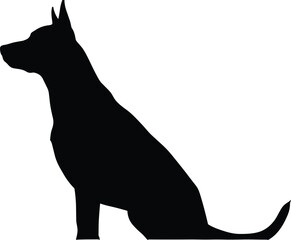 Black silhouette of sitting dog, isolated on white background, pet animal vector, alert canine pose, guard dog illustration image