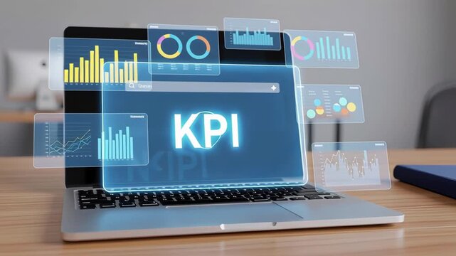 Laptop displaying futuristic digital interface with KPI and business analytics dashboards showing charts, graphs and performance metrics. Concept of data analysis, business intelligence and key perfor - Powered by Adobe