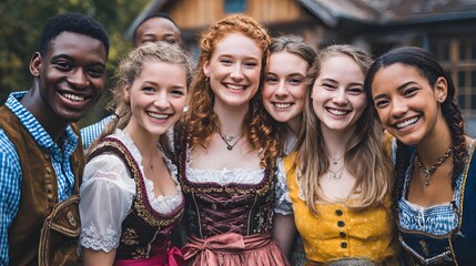 Cheerful friends in traditional Bavarian outfits enjoy a festive celebration outdoors.