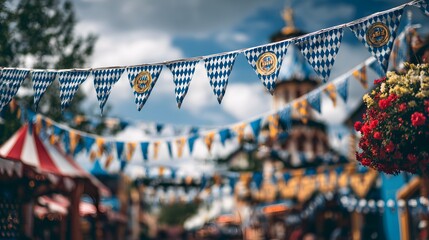Colorful pennant banners decorate a German village during a lively Oktoberfest celebration.