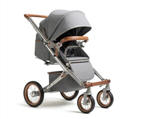 Gray stroller with light brown accents, studio shot