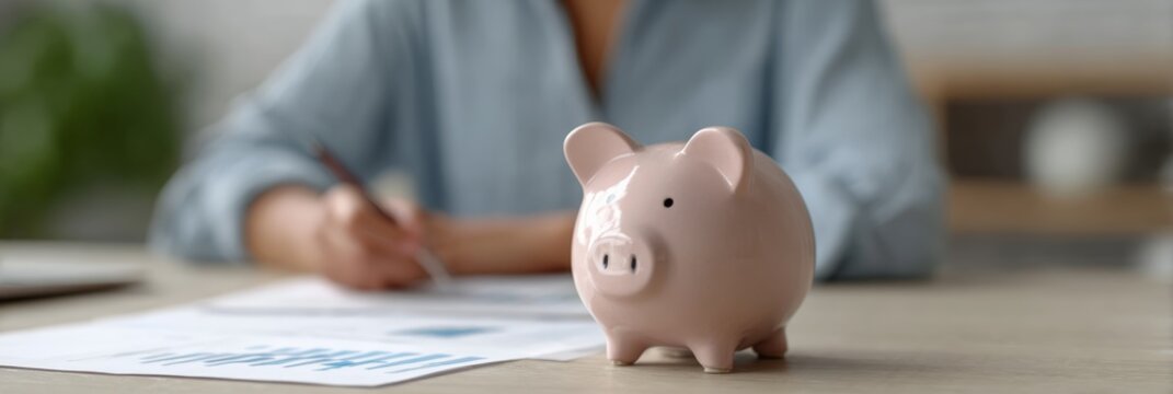 Financial professional analyzing household budget with piggy bank, tracking mortgage costs, evaluating property investment strategies, planning personal savings for future real estate opportunities