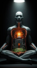 Inner Turmoil: A Surreal 3D Render of a Meditating Figure with a Castle Under Siege Within