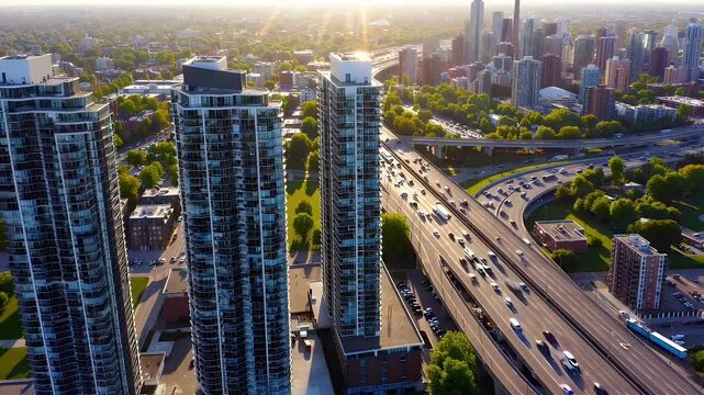 Expansive aerial perspective revealing towering residential buildings adjacent to the busy highway showcasing urban density framed by lush greenspaces and fast paced commuter