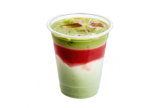 an iced matcha latte with red and green layers in a plastic cup, isolated on a white background, png, transparent - Powered by Adobe