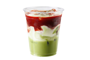 an iced matcha latte with red and green layers in a plastic cup, isolated on a white background, png, transparent