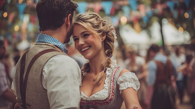 A happy couple enjoys a romantic moment while dancing at a Bavarian festival.