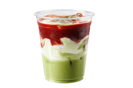 an iced matcha latte with red and green layers in a plastic cup, isolated on a white background, png, transparent - Powered by Adobe