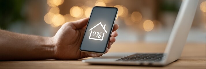 Businessman is using smartphone app for buying, selling or renting house with zero percent interest rate, online real estate, mobile banking, housing loan, and mortgage concept