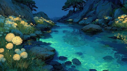 A dreamy Anime background or wallpaper of a starlit lake bioluminescent plants illuminating the waters edge