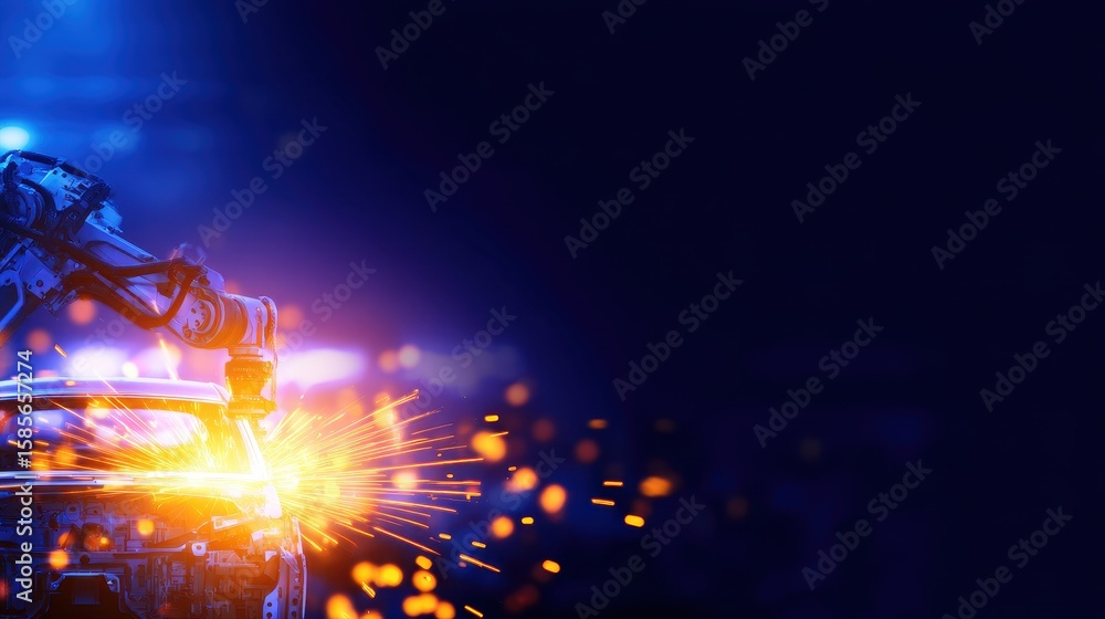 Poster robotic arm welding car parts in a high-tech workshop with sparks flying in the background