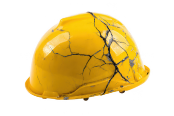 Yellow hard hat with a cracked surface on a white background, png, transparent