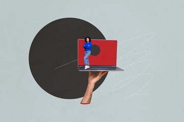 Composite 3d art pop image collage of happy businessman businesswoman stand laptop device...