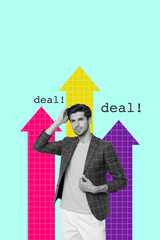 Image pop 3d zine vertical collage of happy businessman businesswoman stand arrow development career chance promotion employee