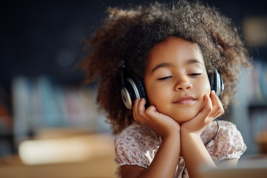 A young girl listens to music with headphones in a classroom or library. - Powered by Adobe