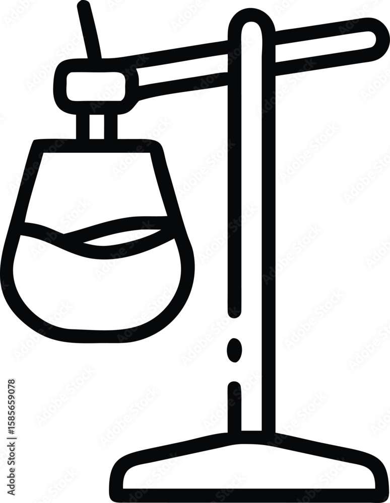 Poster laboratory experiment setup with flask on stand in line art style for research