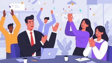 Celebratory office gathering with colleagues applauding a successful presentation in a modern workspace