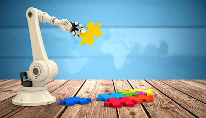 Abstract robotic hand assembling bright puzzle pieces, symbol of digital collaboration
