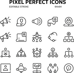 Business communication and marketing icons, editable stroke, organization structure, loudspeaker, hierarchy, audio, media, network, connection, strategy symbols