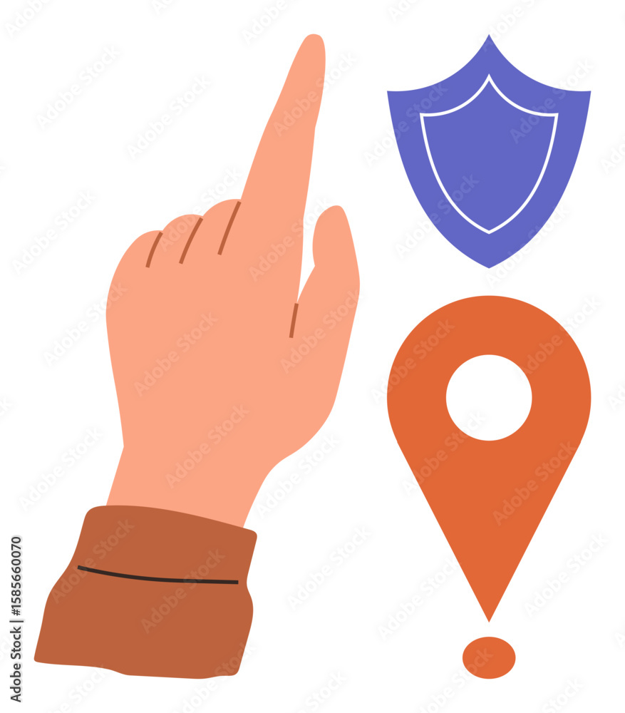 Poster raised hand with index finger pointing to a shield and location pin. ideal for security, location se