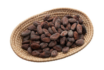 Raw cacao beans in plate isolated on white