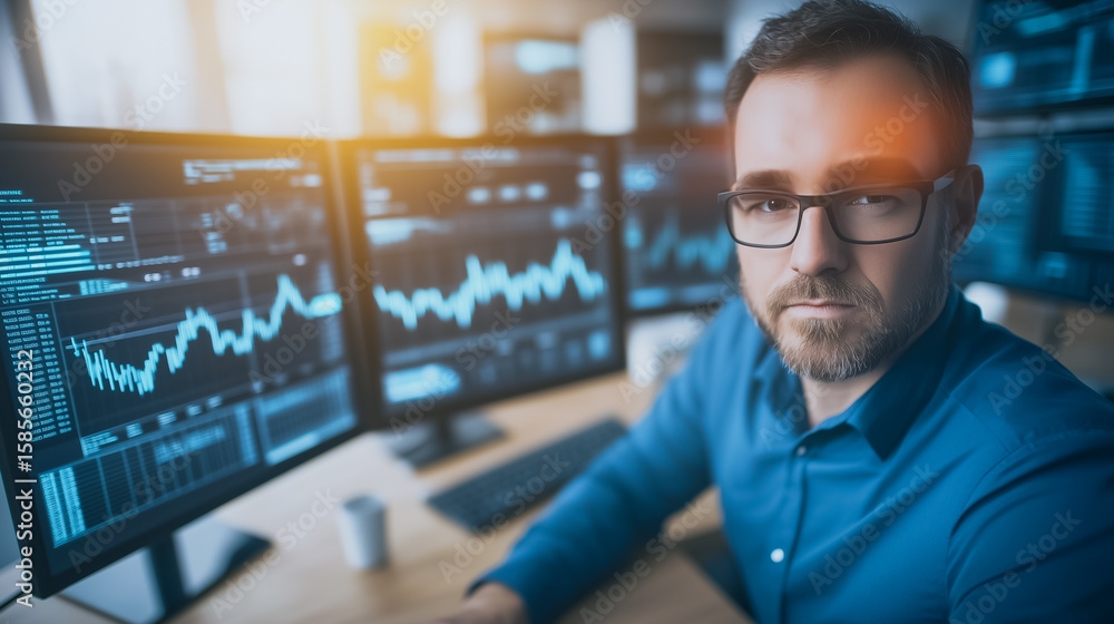 Poster trader analyzing stock market: a focused stock market trader in blue shirt and glasses analyzes real