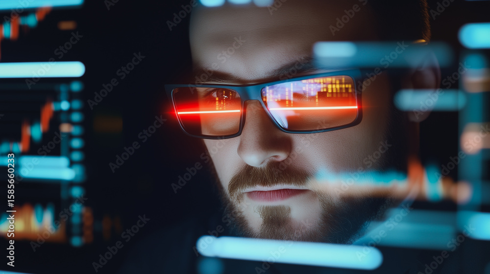 Poster tech analyst in deep: a focused tech analyst, clad in sleek glasses, intensely scrutinizes dynamic d