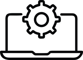 Laptop computer with gear outline icon, system update concept in line art style