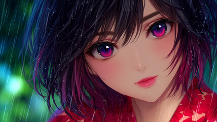 Anime Style Girl with Vibrant Eyes in the Rain Close Up Portrait