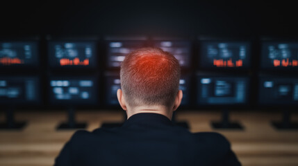 Stressed and focused: a man stares intensely at multiple screens, head in shadow with a red mark, suggesting the weight of responsibility, surrounded by the glow of technology.