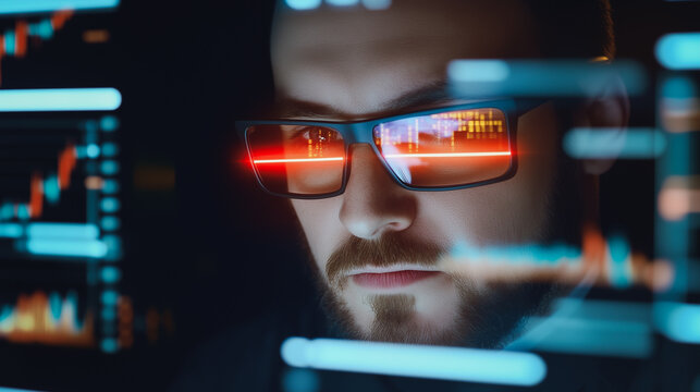 Tech Analyst in Deep: A focused tech analyst, clad in sleek glasses, intensely scrutinizes dynamic data visualizations, representing the cutting edge of analysis and technology.