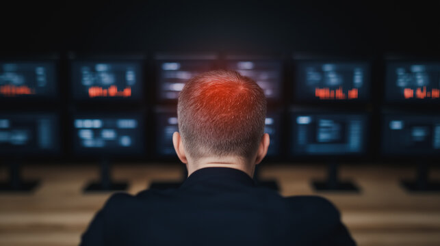 Stressed and focused: a man stares intensely at multiple screens, head in shadow with a red mark, suggesting the weight of responsibility, surrounded by the glow of technology.