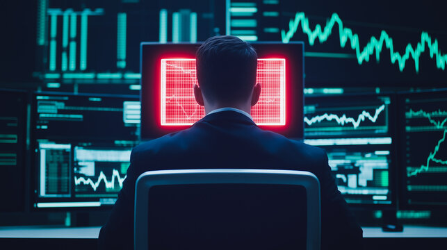 Digital Analyst at Work: A focused analyst monitors real-time data, surrounded by multiple screens displaying complex financial charts and streams of data in a high-tech environment.
