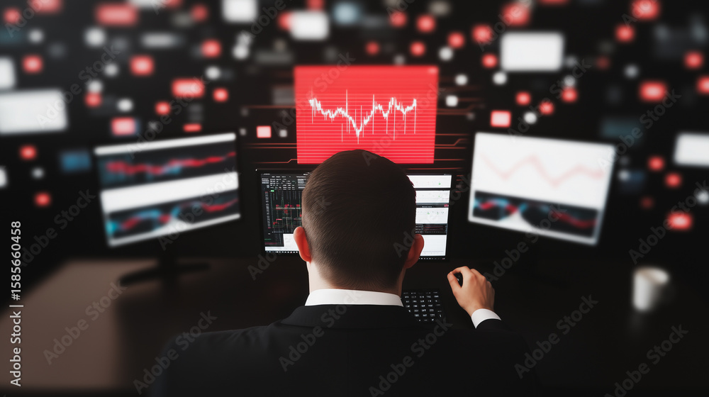 Poster financial analyst navigating data: a skilled financial analyst attentively monitors multiple compute
