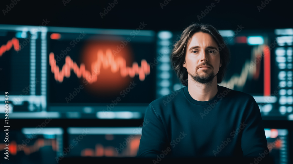 Aufkleber stock trader analyzing market data: a focused young man with long brown hair sits before multiple sc