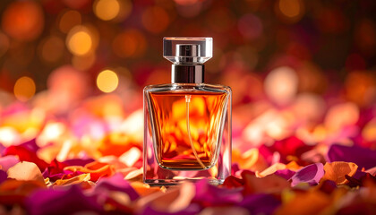 Amber Perfume Bottle on Rose Petals with Warm Lighting