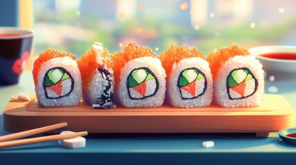 Colorful sushi rolls on wooden board