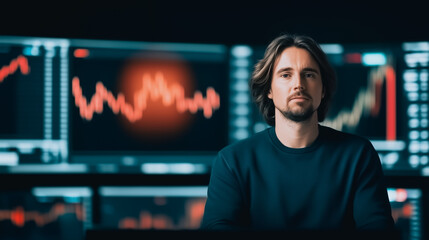 Stock Trader Analyzing Market Data: A focused young man with long brown hair sits before multiple screens displaying dynamic stock market data, his expression thoughtful and serious.
