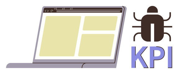 Laptop screen with data layout next to bug icon and KPI text. Ideal for performance tracking, debugging, analytics, quality assurance, optimization, software testing, simple flat metaphor