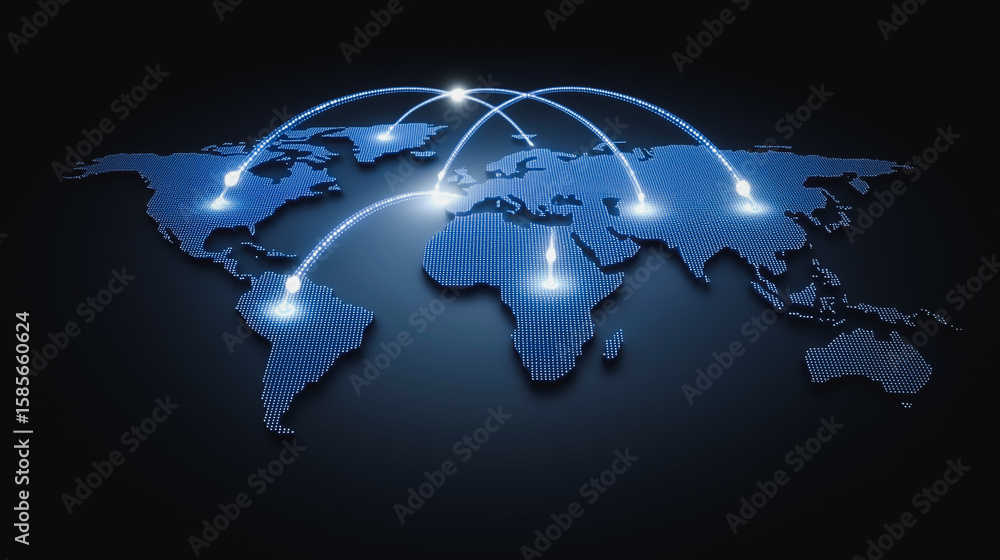 Poster global connectivity: a conceptual image portraying a world map illuminated with glowing lines, symbo