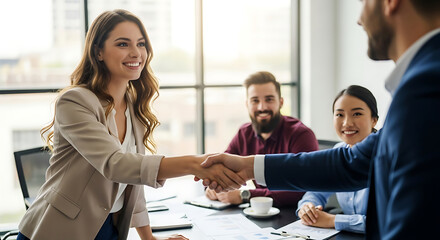 Businesswoman shaking hands with businessman colleagues smiling in modern office meeting room