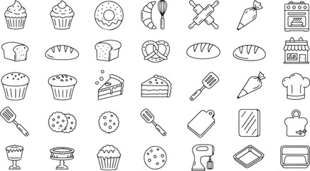 Fototapeta premium Vector set of bakery and baking line icons. Collection of outline symbols for pastry, bread, desserts, and kitchen equipment. Includes cupcakes, croissants, rolling pin, and mixer.