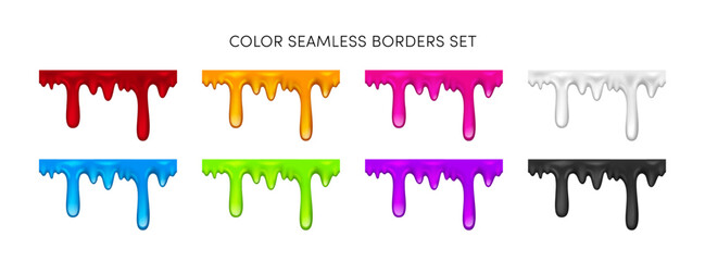 Vector Color Paint Drips Seamless Border set. Red, orange, pink, blue, green, black and white dripping paint background. Liquid flowing down glossy stains, splatter realistic 3d design element, decor.