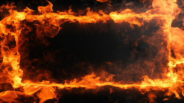 A vibrant orange hot fire frame border with dynamic flames surrounding an empty caption space in the middle. The fiery border creates a bold and intense visual effect, perfect for dramatic or energeti