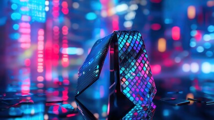 Colorful tie against night cityscape