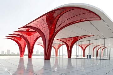 Obraz premium Futuristic Pavilion with Red Tree-Like Columns, Curved White Roof, Reflective Floor, and Glass Backdrop – Contemporary Architecture and Organic Structural Design Concept