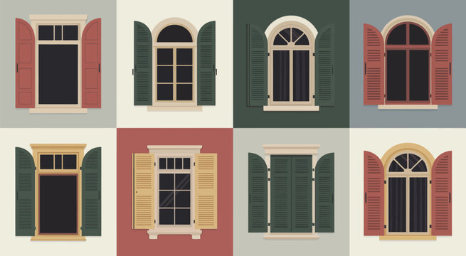 Collection of diverse architectural windows with open shutters in various colors