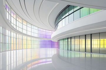 Modern Interior with Curved Gradient Glass Panels in Purple-Green-Yellow Tones, Reflective Floor, and Floor-to-Ceiling Windows – Minimalist Architecture and Light Refraction Concept